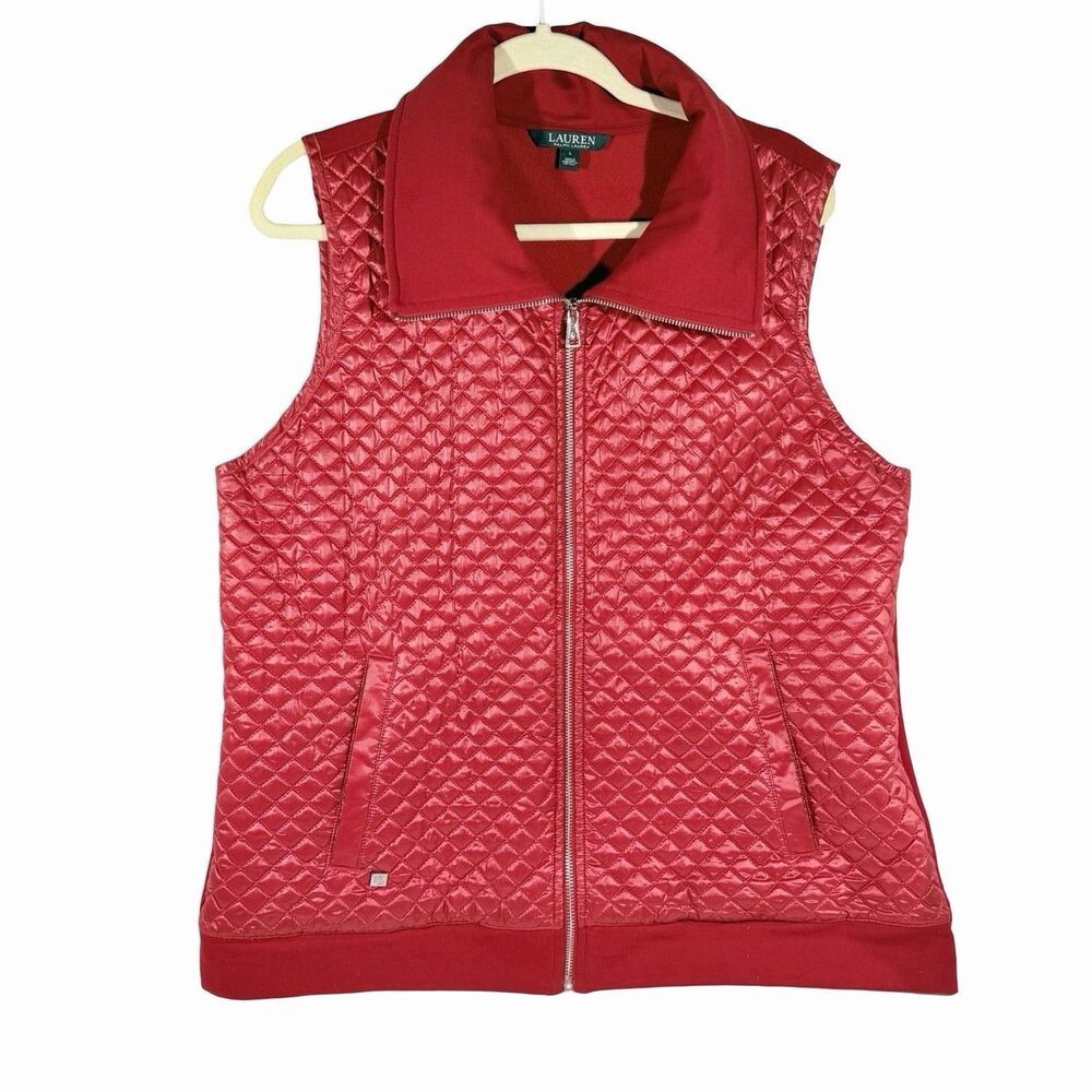 Lauren Ralph Lauren Vest Women's L Red Quilted Full Zip LRL - Spots see pics
